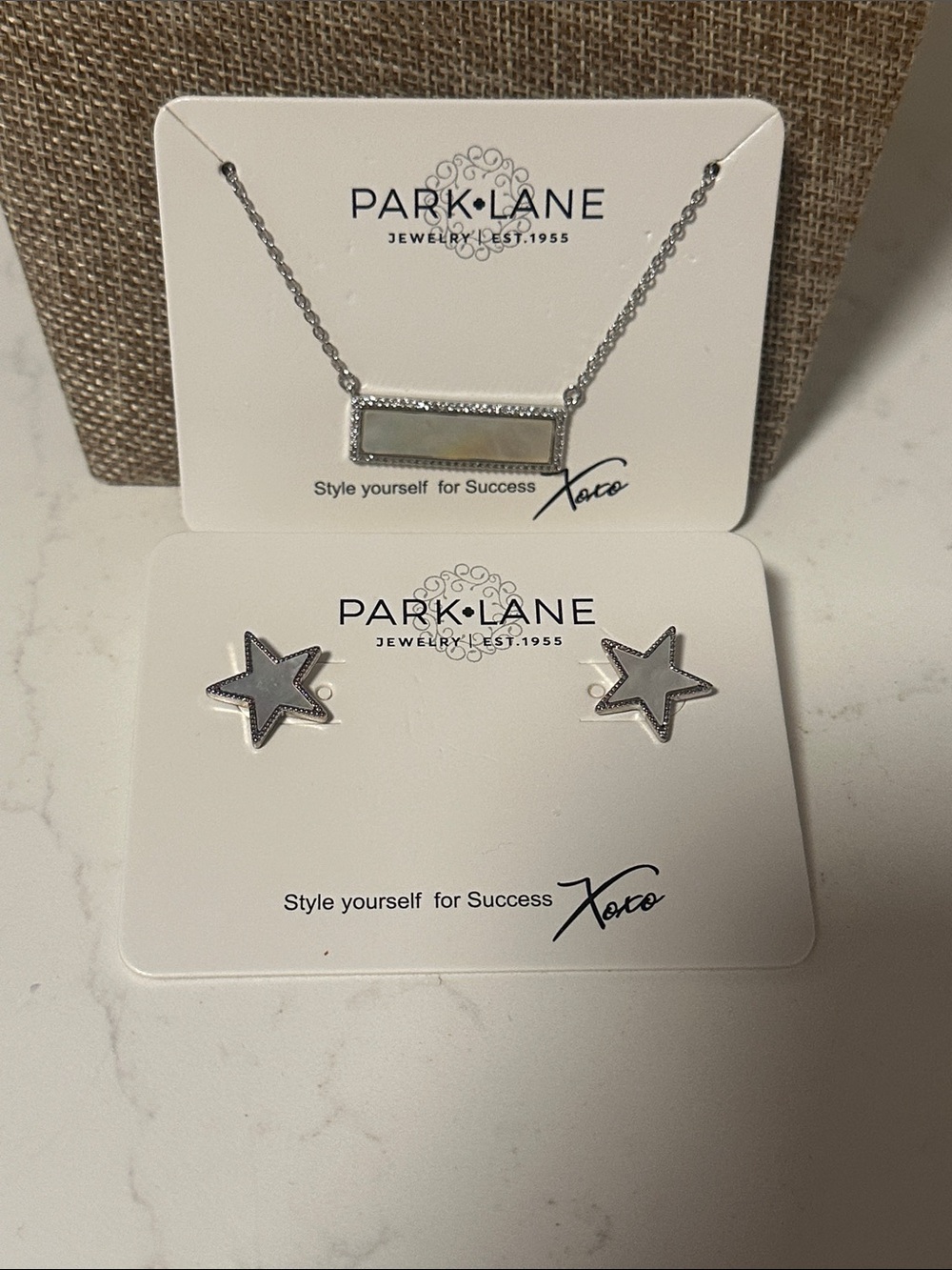 Park Lane Silver Bar Necklace with Mother-of-Pearl Inlay and Silver Star Studs